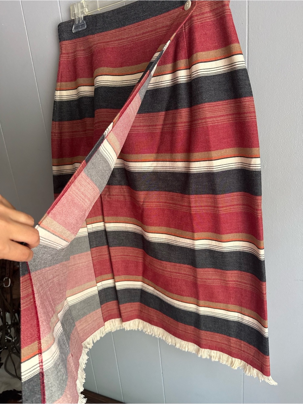 Cambridge Dry Goods Striped Wrap Midi Skirt in Red, Black, and Cream - Picture 2 of 6